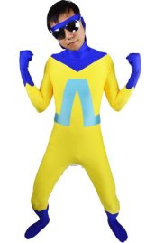 Animal Man Costume | Yellow and Royal Blue Super Hero Zentai Costume with Open Hood and Face