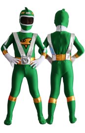 Power Ranger Kids Costume | Green Silver and Yellow Spandex Lycra Zentai Suit