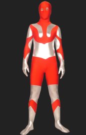 Silver and Red Spandex Lycra and Shiny Metallic Zentai Suit with Open Eyes