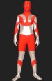 Silver and Red Spandex Lycra and Shiny Metallic Zentai Suit with Open Eyes