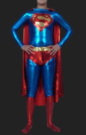Superman! Blue and Red Shiny Metallic Super Hero Zentai with Cap